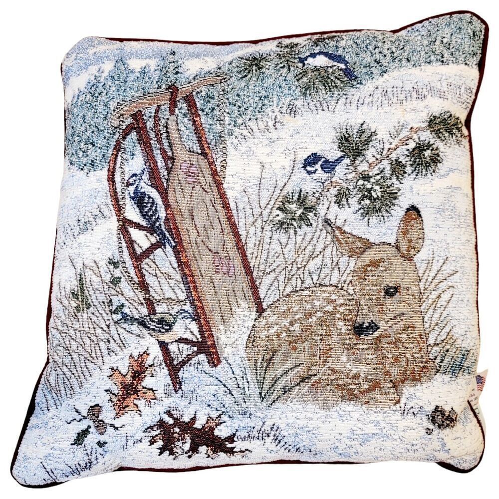 Vtg Riverdale Needlepoin Deer Fawn Sleigh Winter Christmas Throw Pillow Tapestry